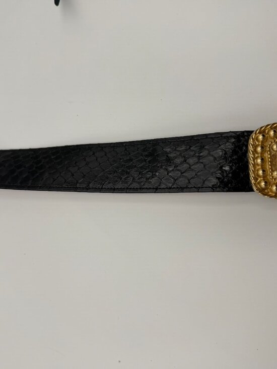 Vintage Black Leather Belt Gold Statement Buckle